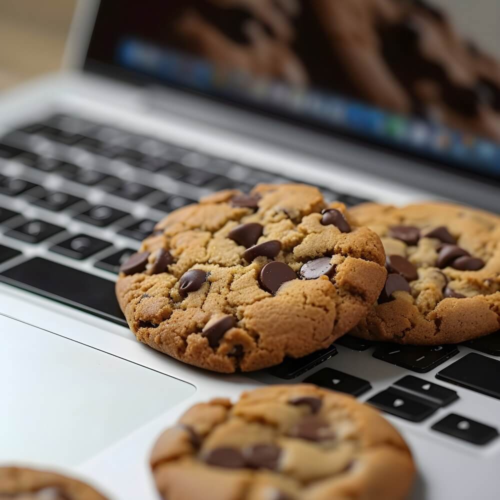 Chocolate chip cookies placed on an open laptop