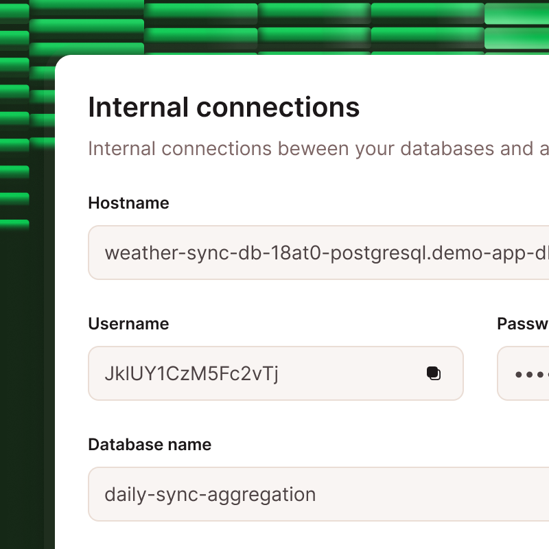 Captura de tela mostrando as opções de conexões internas do banco de dados