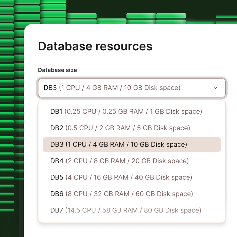 Captura de tela mostrando o seletor para diferentes níveis de recursos do banco de dados