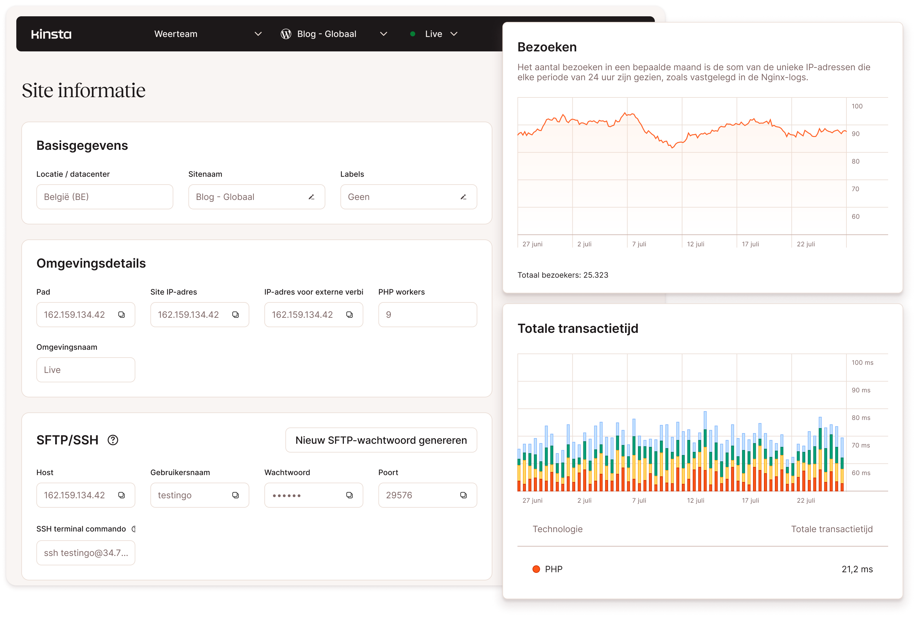 Screenshots showing the MyKinsta WordPress site management features