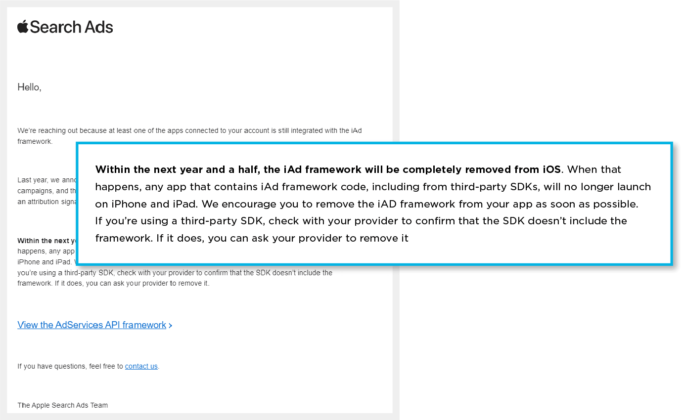 Apple Search Ads notification about iAd framework